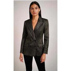 L’AGENCE Taryn 100% Silk Navy Gold Stripe Chain Print Blazer Sz M NWOT